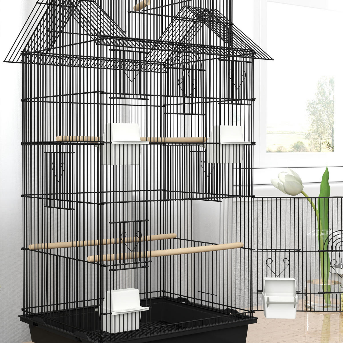 VOGELKÄFIG DE-17833 Haus-Design mit Schaukel & Tragegriff Schwarz - Schwarz, Metall (41/104/50.5cm) - ComfortXL