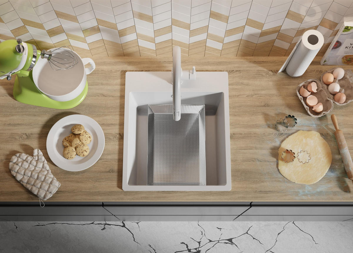 GRANITSPÜLE Riga, 2-er set Alles Weiß 43/50 cm 1 Becken + Küchenarmatur 32/20 cm + Ablauf-Set ab 45er Unterschrank - Weiß, Kunststoff (43/20/50cm) - Primagran