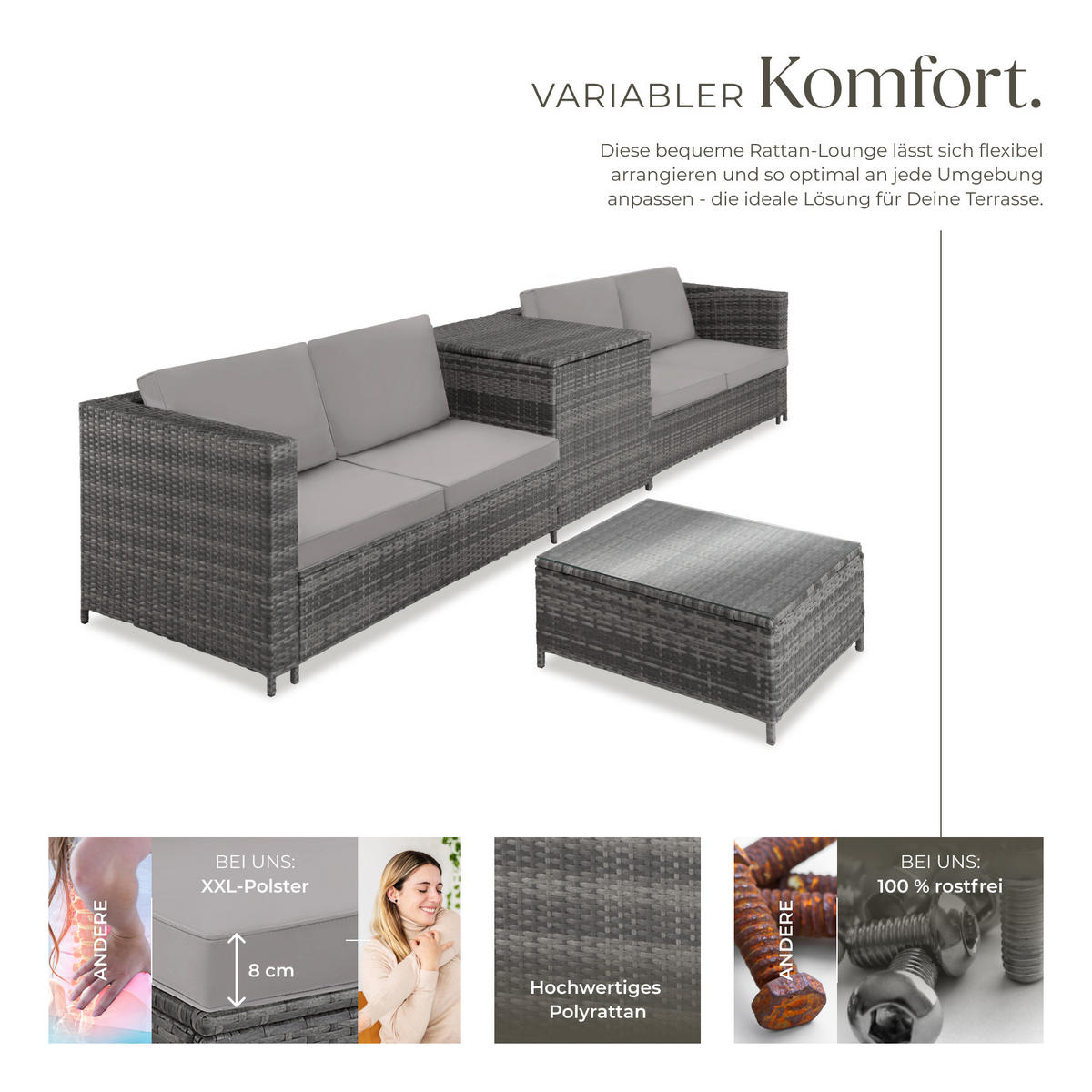 RATTANLOUNGE Siena,mit Sicherheitsglasplatte,grau/hellgrau - Grau, Kunststoff - tectake