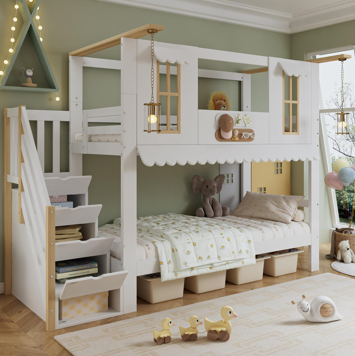 ETAGENBETT 90/200 cm mit Aufbewahrungstreppe, Fenstern und Dachkante aus Kiefernholz/MDF, Weiß/Natur - Weiß, Holz (90/200cm) - Redom