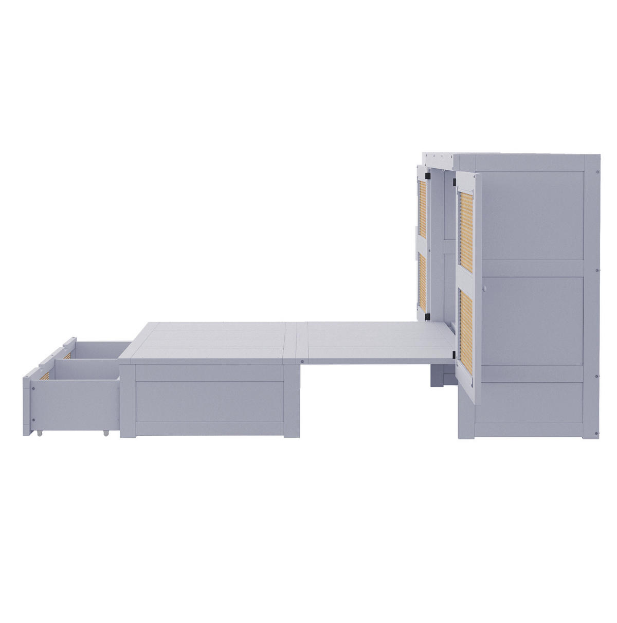 ZIDNI krevet od drva 140x200 cm sivi sa spremišnim ladicama, rotirajućim vratima 270° i ratan detaljima - siva, drvni materijal (135/190cm) - Modfu