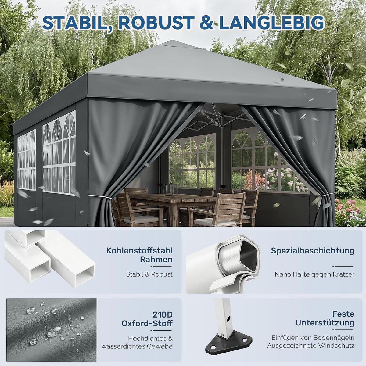 GARTENPAVILLON 3 x 6 m Grau Wasserdicht UV-Schutz 50+ mit 4 Seitenteilen - Grau, Textil (300/265/600cm)
