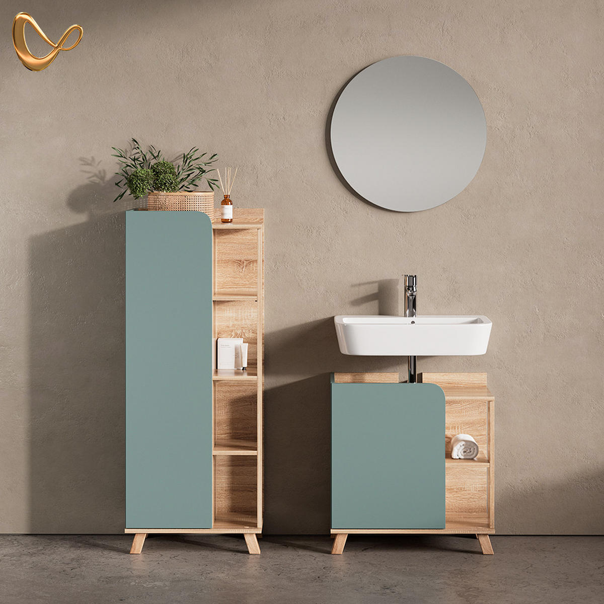 BADMÖBEL-SET Marano Blau-Grau 3 Teile - Blaugrau/Sonoma Eiche, Holzwerkstoff (35/65/60cm) - Livinity®