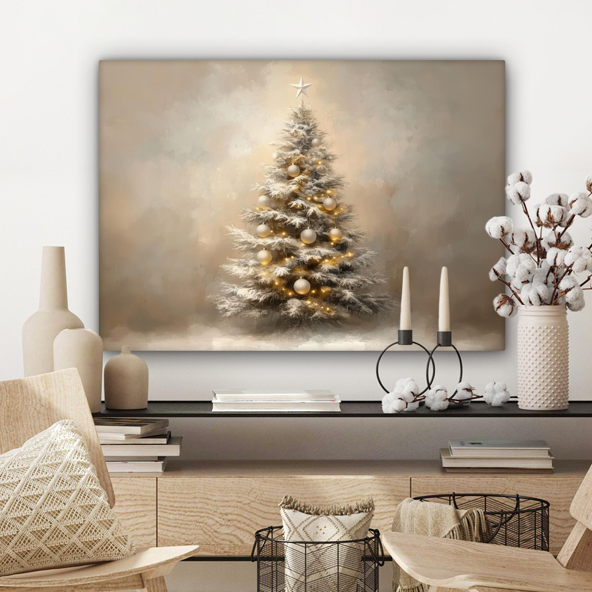 LEINWANDBILD Weihnachten - Weihnachtsbaum - Schnee - Kunst Wandbilder 80x60 cm - Champagner, Textil (80/60cm) - MuchoWow