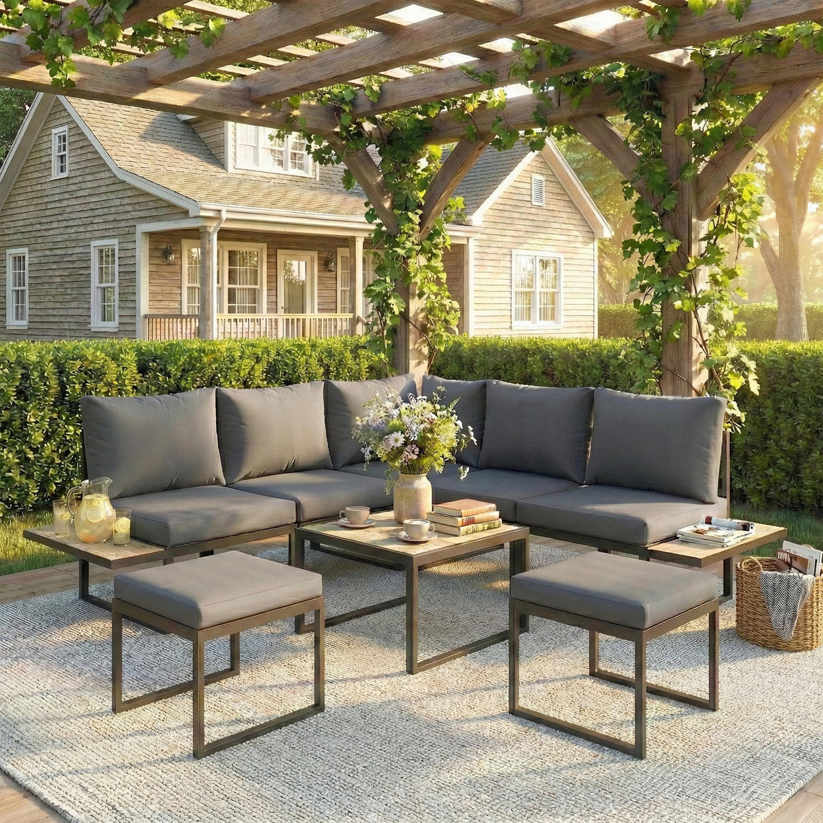 GARTENLOUNGE-SET DE-13523 6-sitzig mit Seitentischen Grau - Dunkelgrau, Metall - ComfortXL