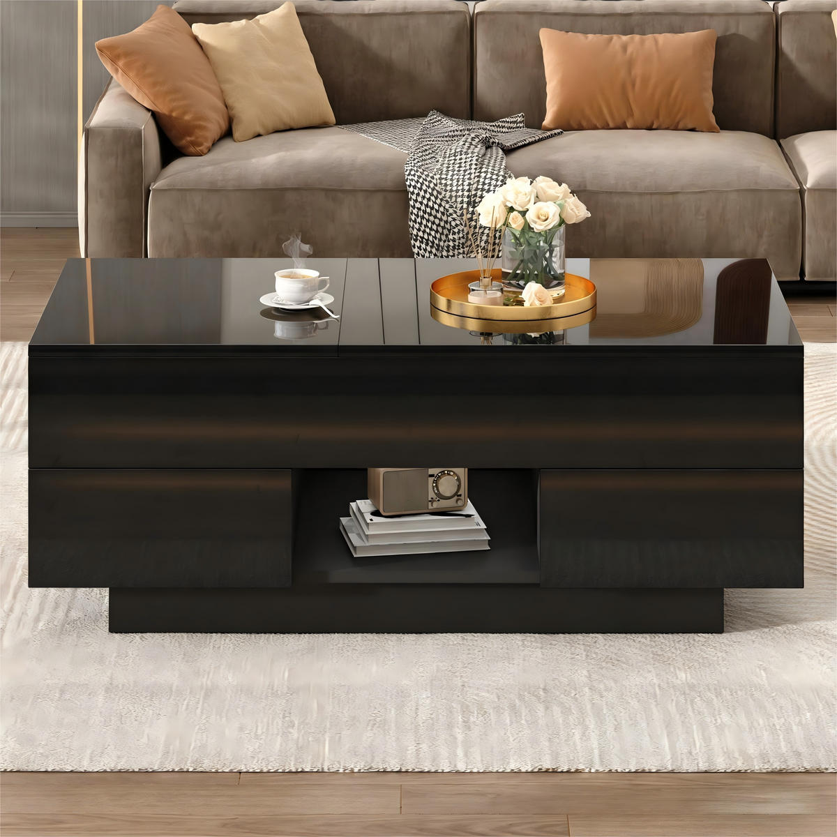 COUCHTISCH 100/45/43 cm Schwarz aus Holzwerkstoff mit höhenverstellbarer Tischplatte LED und 2 Schubladen - Schwarz, Holzwerkstoff (100/45/43cm) - OKWISH