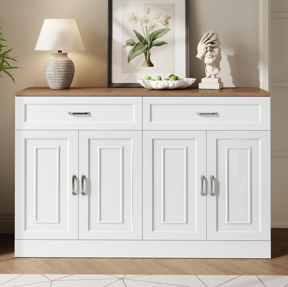 SIDEBOARD 120/35/80,5 cm mit 4 Türen & 2 Schubladen in Weiß und Holzoptik - Weiß, Holzwerkstoff (120/80.5/35cm) - BEAOK