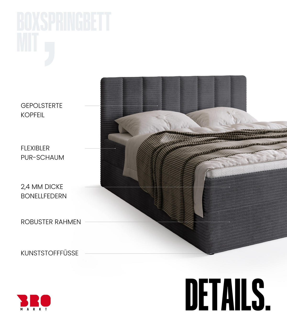 BOXBETT DENVER mit Topper 140x200 Dunkelgrau - Dunkelgrau, Textil (140/200cm) - Bromarkt