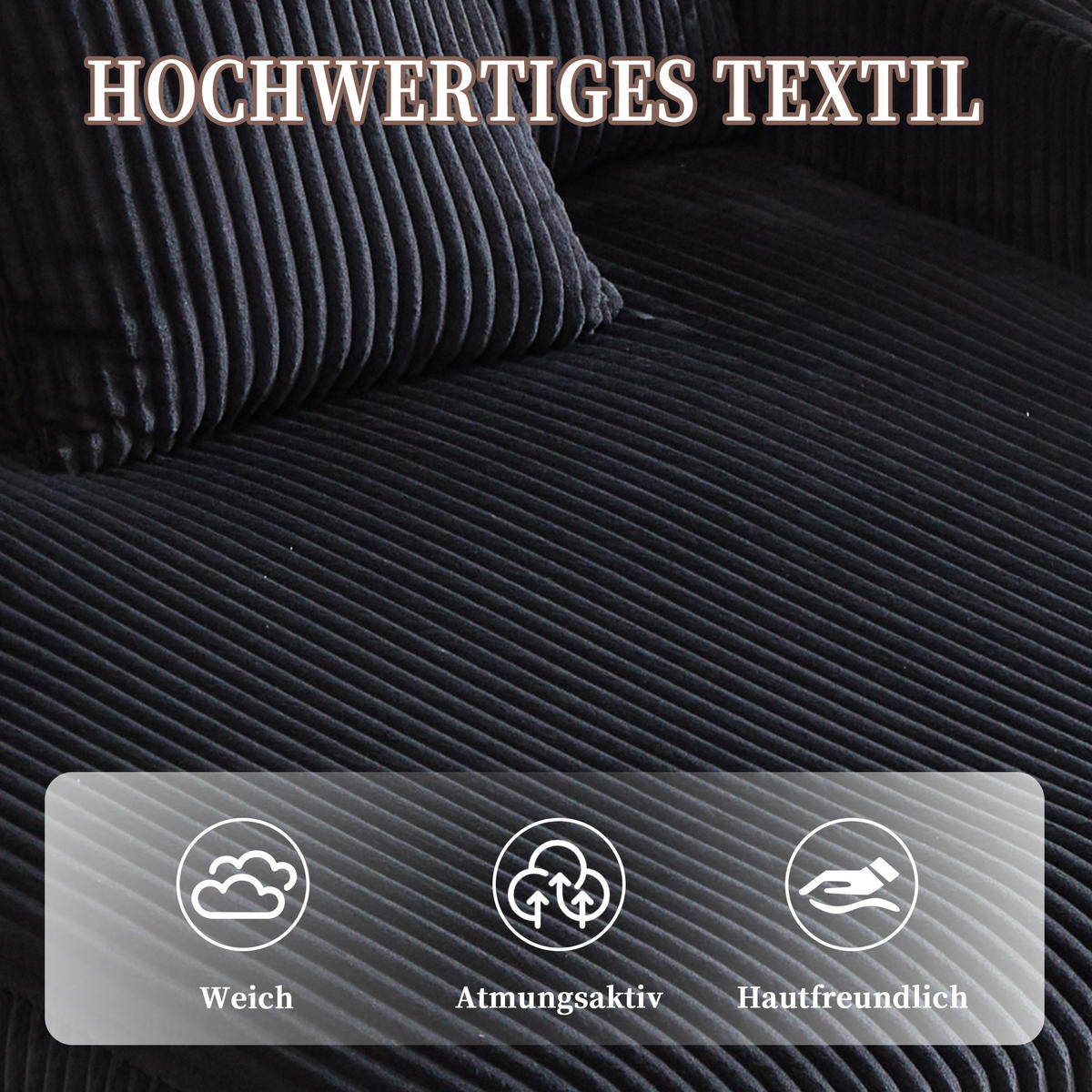 CHAISELONGUE 2-Sitzer Cord Schwarz mit LED, USB und Getränkehalter - Schwarz, Holzwerkstoff/Kunststoff (128/85/142cm) - WISHDOR