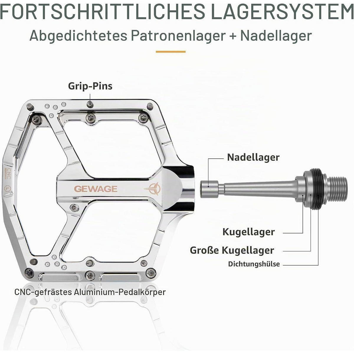 MTB Pedale CNC Aluminium 3-Fach-Lagersystem ultraflaches Design 14 Pins Silver - Silberfarben, Metall (10.4/1.5/11cm)