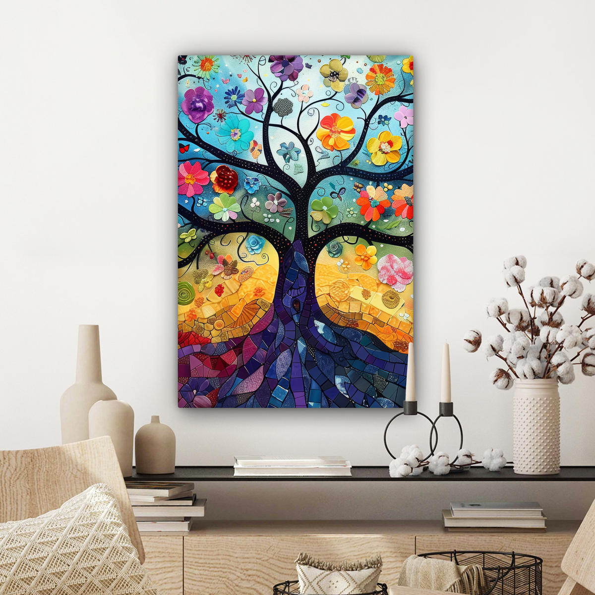 LEINWANDBILD Kunst - Baum des Lebens - Blumen - Hippie Wanddeko 40x60 cm - Dunkelblau, Textil (40/60cm) - MuchoWow