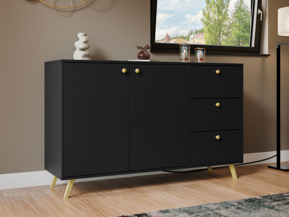 KOMBIKOMMODE Siena 2D3S - Goldfarben/Schwarz, Holzwerkstoff/Metall (138/86/41cm) - MIRJAN24