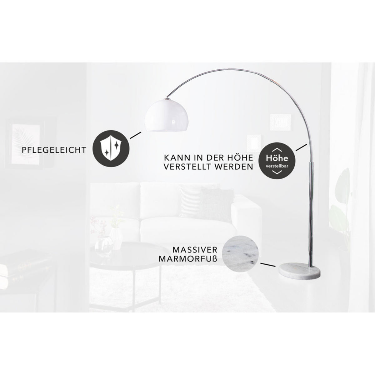 BOGENLAMPE LOUNGE DEAL Marmor Weiß 175-205 cm - Silberfarben/Weiß, Kunststoff/Stein (40/150/175cm) - riess-ambiente