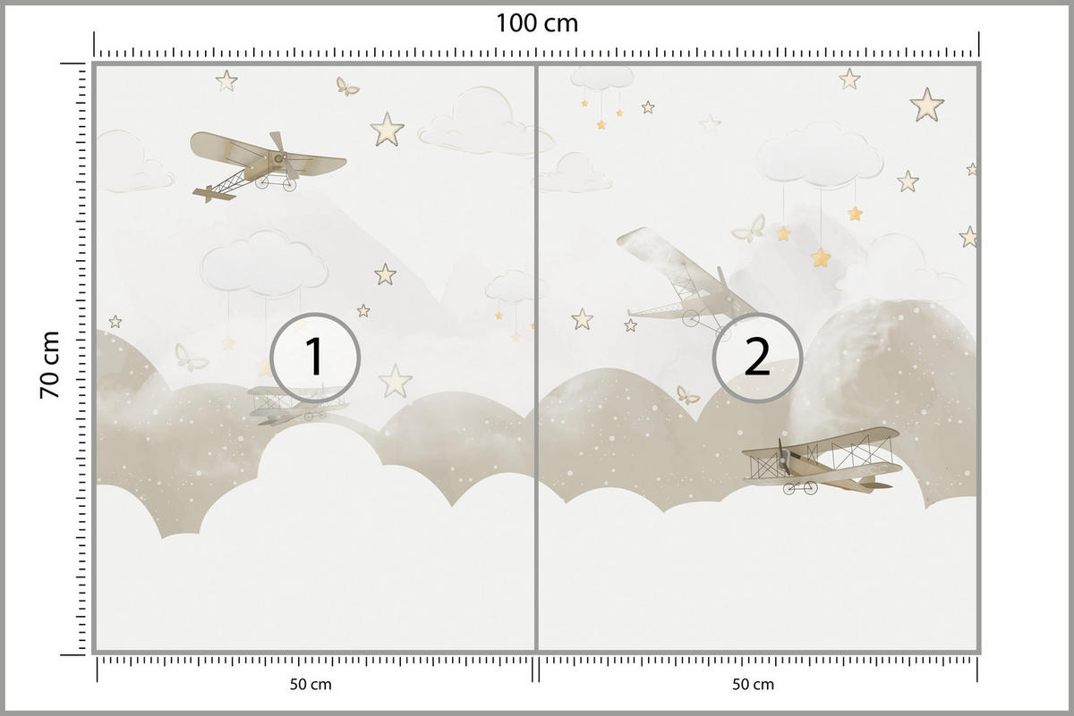 FOTOTAPETE für Kinderzimmer Flugzeuge Wolken Sterne Himmel 100x70 - Gelb/Beige, Papier (100/70cm) - Muralo