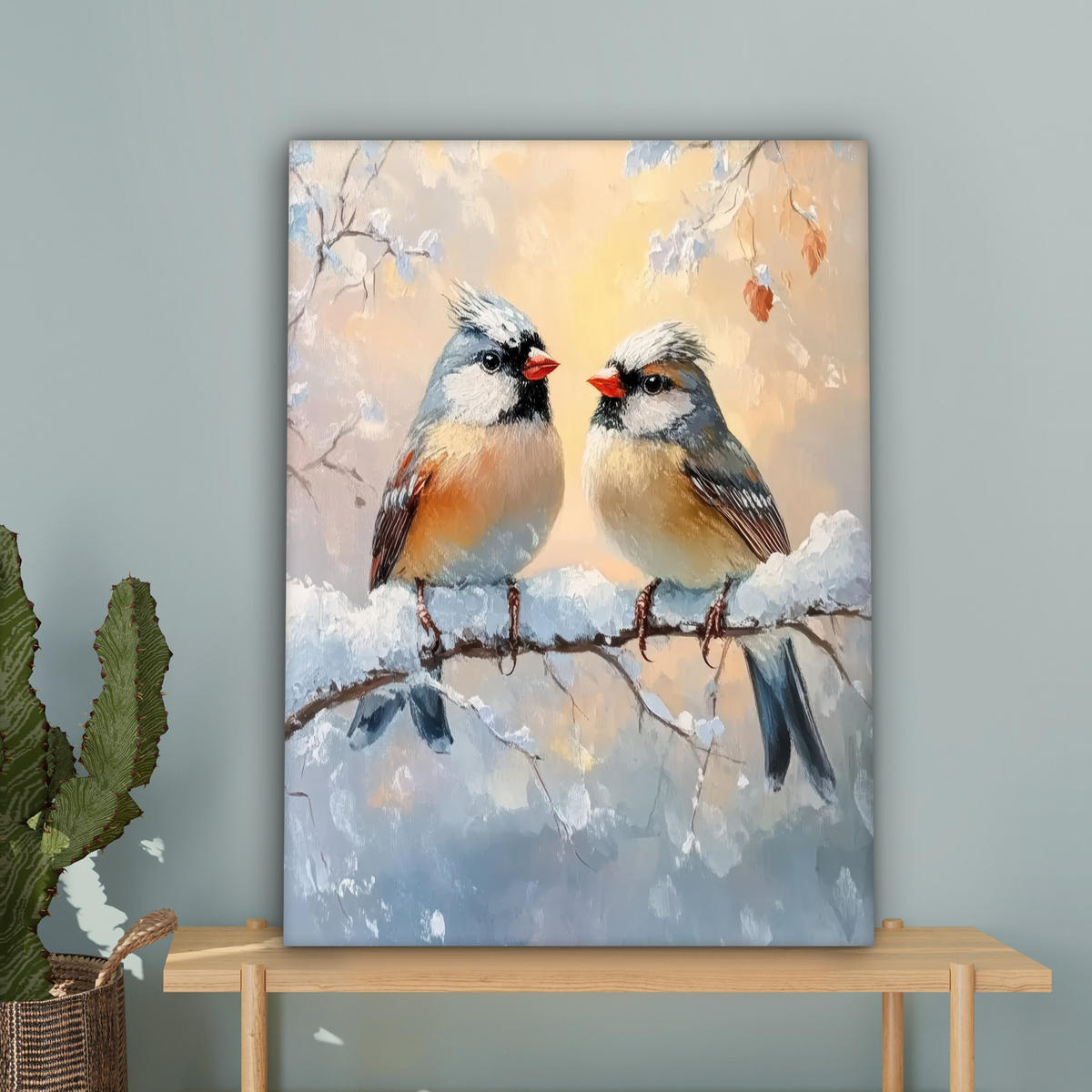 LEINWANDBILD Vögel - Zweig - Winter - Schnee Wandbild Wohnzimmer 60x80 cm - Pastellblau, Textil (60/80cm) - MuchoWow