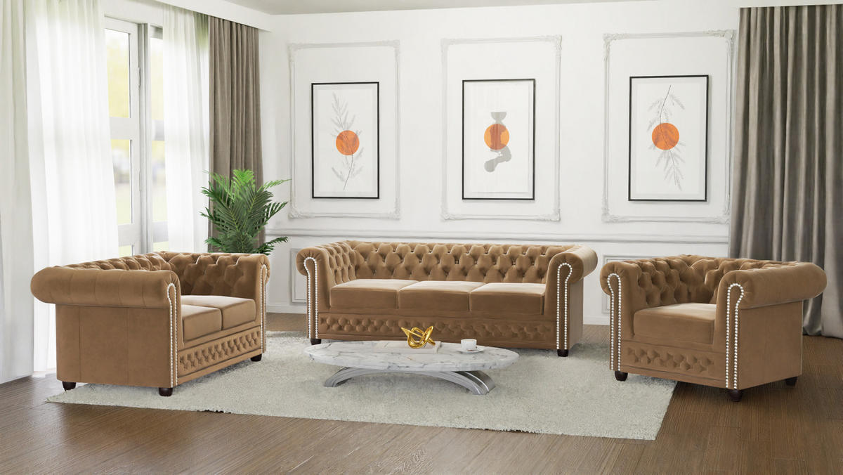 SITZGARNITUR mit Schlaffunktion 3+2+1 Chesterfield Nyx Beige Samt - Beige/Braun, Holz/Textil (203/72/86cm) - S-Style Möbel