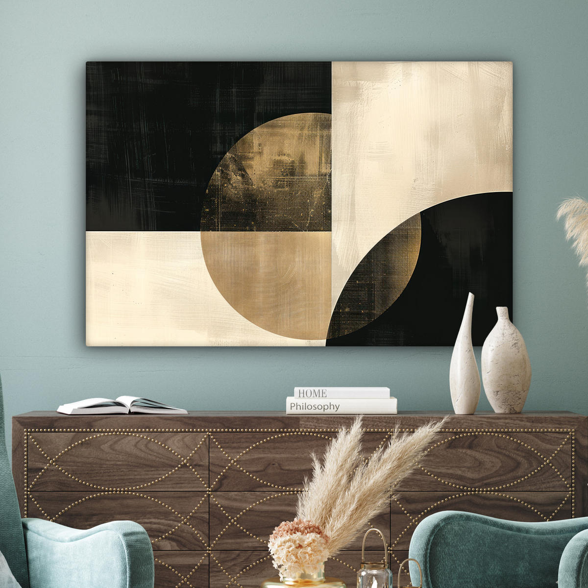 LEINWANDBILD Abstrakt - Geometrische Formen - Schwarz - Gold XXL 150x100 cm - Ecru, Textil (150/100cm) - MuchoWow