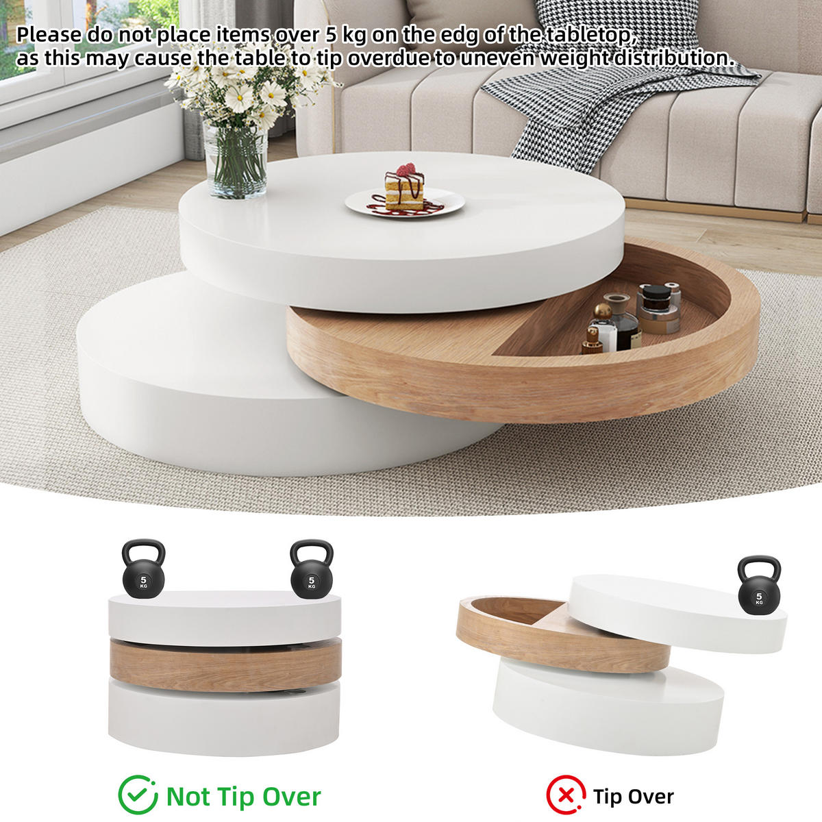 COUCHTISCH Weiß/Natur 360° drehbar mit Stauraum 60/60/35 cm - Weiß, Holzwerkstoff (60/60/35.1cm) - PANGIVO