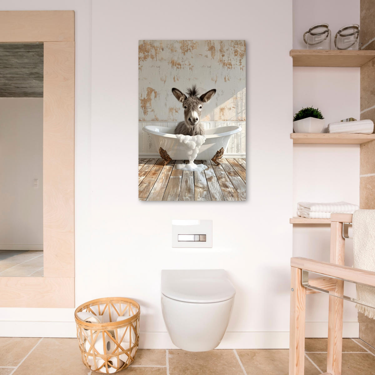 LEINWANDBILD Esel - Tiere - Badewanne - Schaumstoff 60x90 cm - Weiß, Textil (60/90cm) - MuchoWow