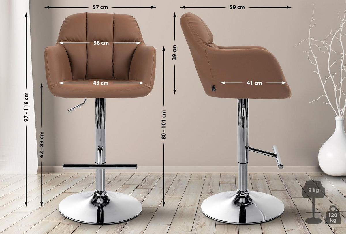 BARHOCKER Natoma Kunstleder 97-118 cm hellbraun - Hellbraun, Leder (57/97/59cm) - furnicato