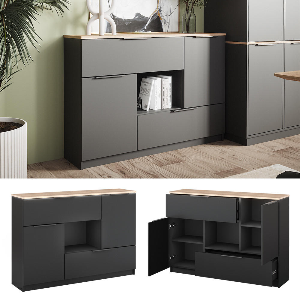 KOMMODE Betti Anthrazit 120 x 83.6 cm 2x Tür 2x Schublade und 1x offenes Fache - Anthrazit/Sonoma Eiche, Holzwerkstoff (120/83.6/30cm) - Vicco