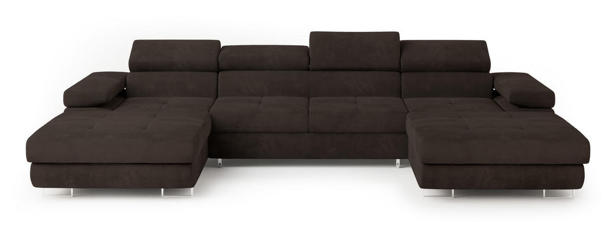 WOHNLANDSCHAFT LYKKE Braun Velours-Stoff mit Schlaffunktion - Braun, Holz (353/90/202cm) - MASSENO