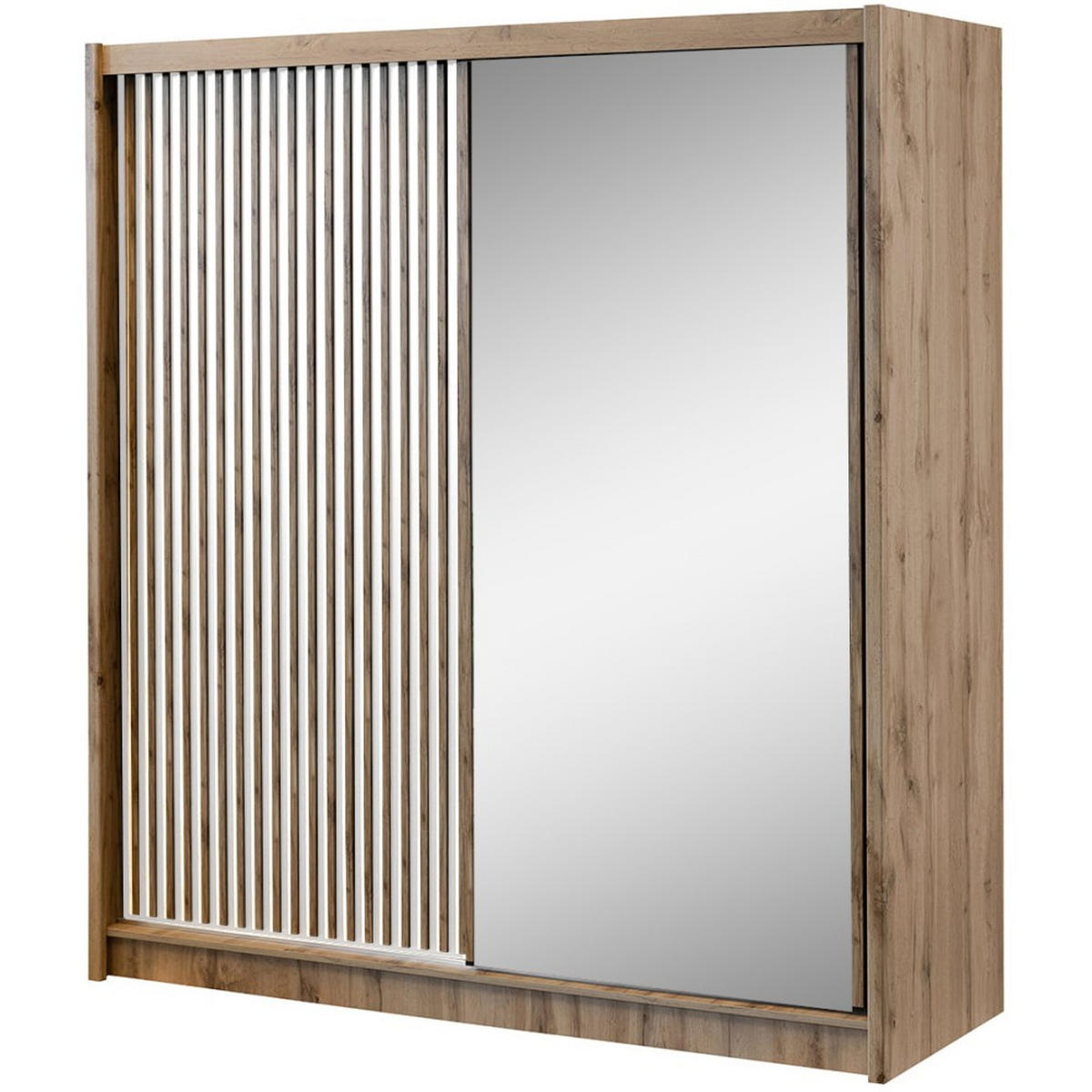 SCHWEBETÜRENSCHRANK Leroy mit Spiegel und Lamellen, 203 cm, Weiß+eiche Wotan - Weiß, Holzwerkstoff (203/215/60.5cm) - Beautysofa