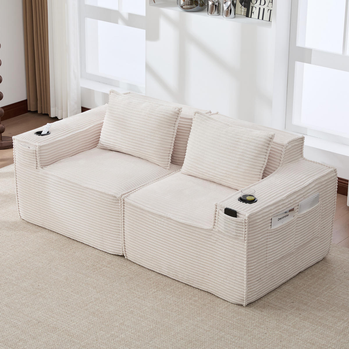 2-SITZER-SOFA DE-33835 modular mit Getränkehaltern Beige - Beige, Textil (188/75/90cm) - ComfortXL