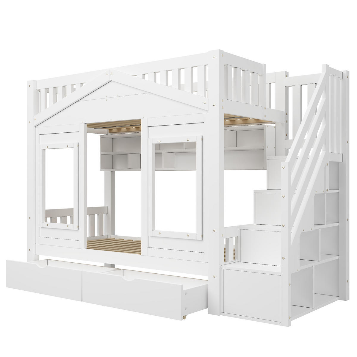 ETAGENBETT 90/200 cm DE-32831 mit Stauraumtreppe und Haus-Design Weiß - Weiß, Holzwerkstoff (90/200cm) - ComfortXL