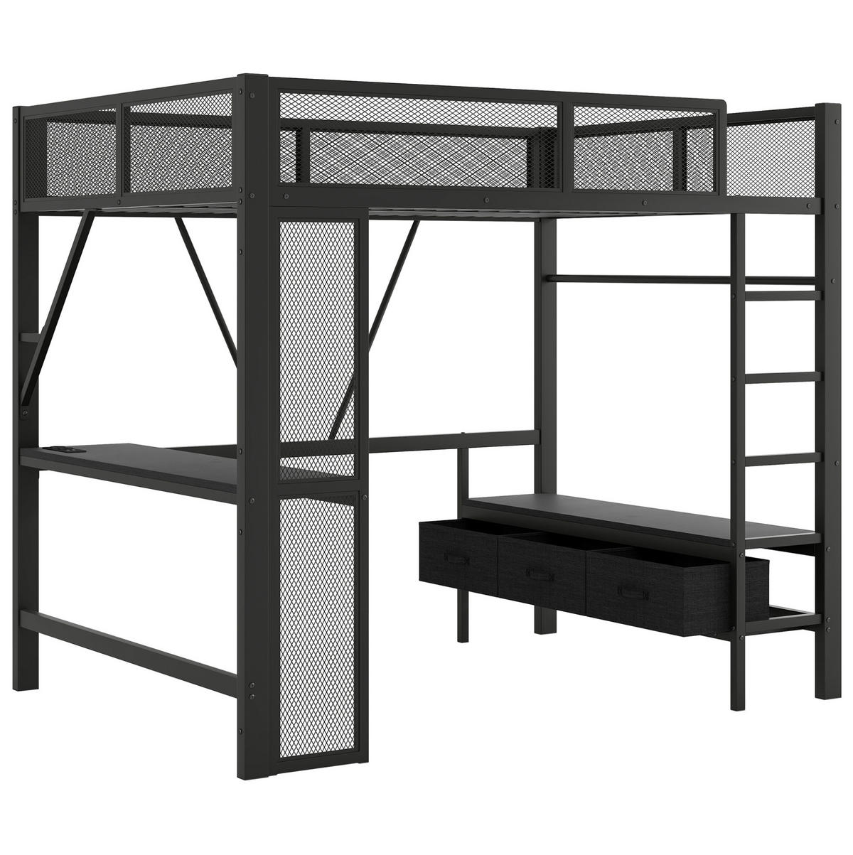HOCHBETT 140/200 cm mit LED, USB, Schreibtisch und Schubladen - Schwarz, Metall (140/200cm) - MIVRAY