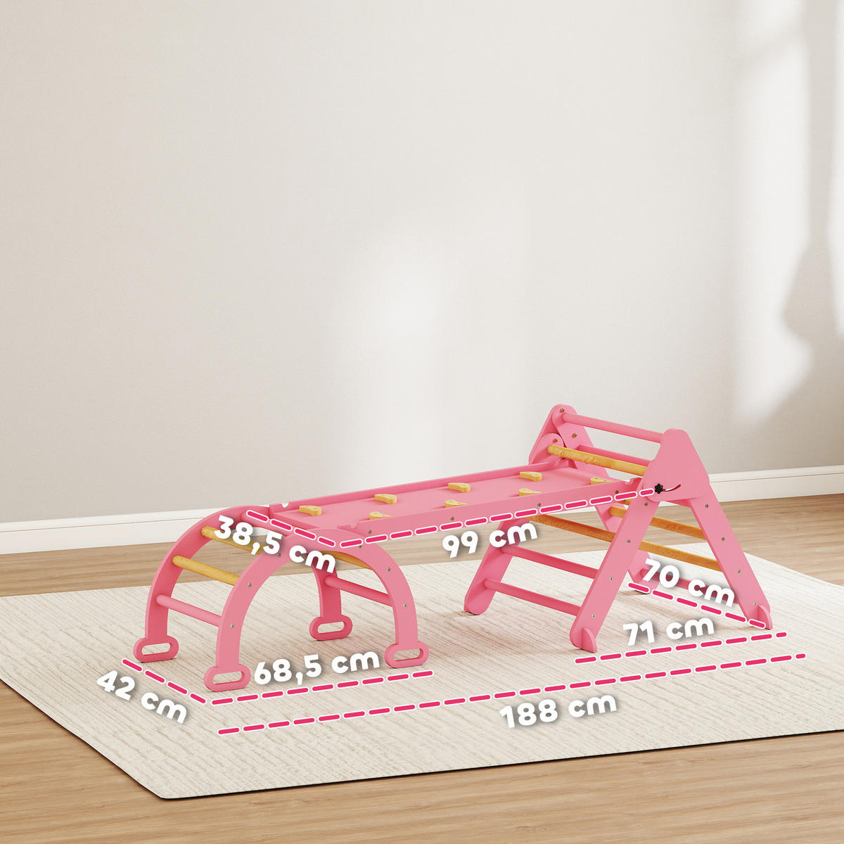 KLETTERGERÜST Indoor, 7 in 1 klappbar Kletterdreieck mit Rutsche, Kletterbogen - Rosa, Holz (70/59/188cm) - AIYAPLAY