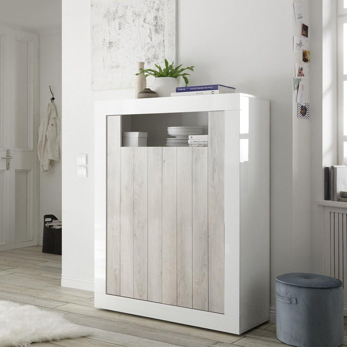 HIGHBOARD mit 2 Flügeltüren H144 cm - Urbino - Eiche Bianco, Holzwerkstoff (110/144/42cm) - Calicosy