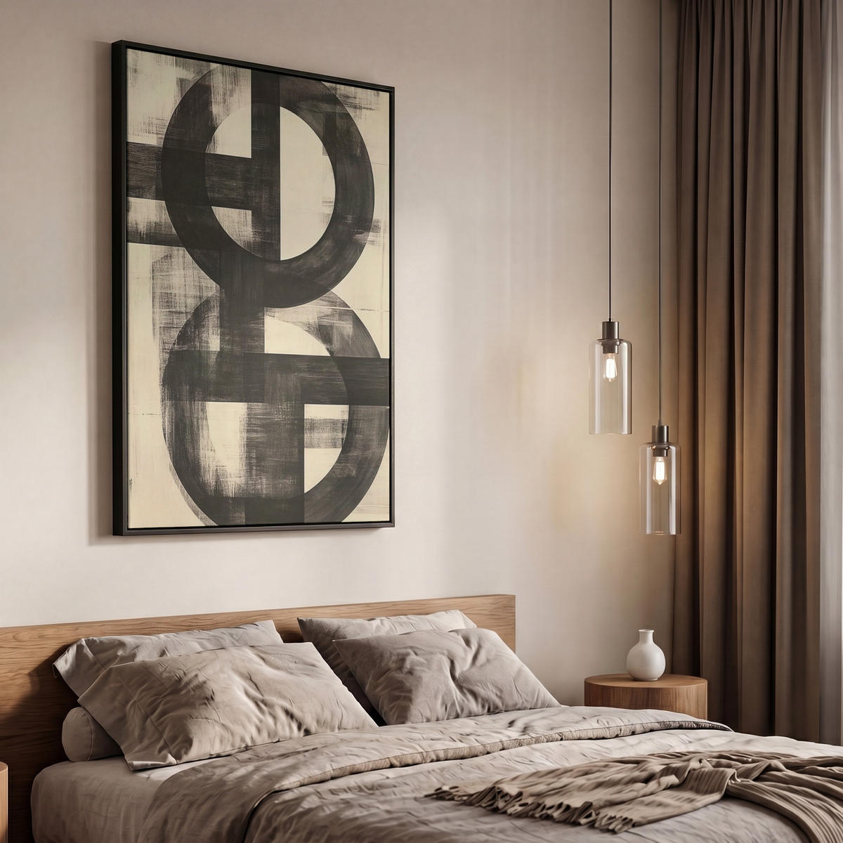 LEINWAND Bilder mit Rahmen - Kreise - Balken - Schwarz - Abstrakt - 60x90 - Schwarz, Textil (60/90cm) - MuchoWow