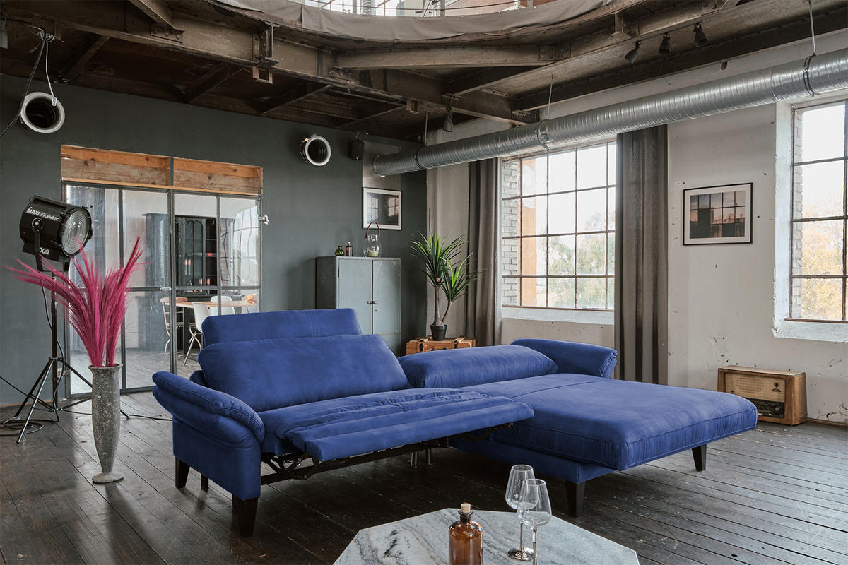 ECKSOFA MIT MOTORISCHER RELAXFUNKTION MALTA Blau Webstoff - Blau/Schwarz, Buchenholz/Textil (302/175cm) - KAWOLA
