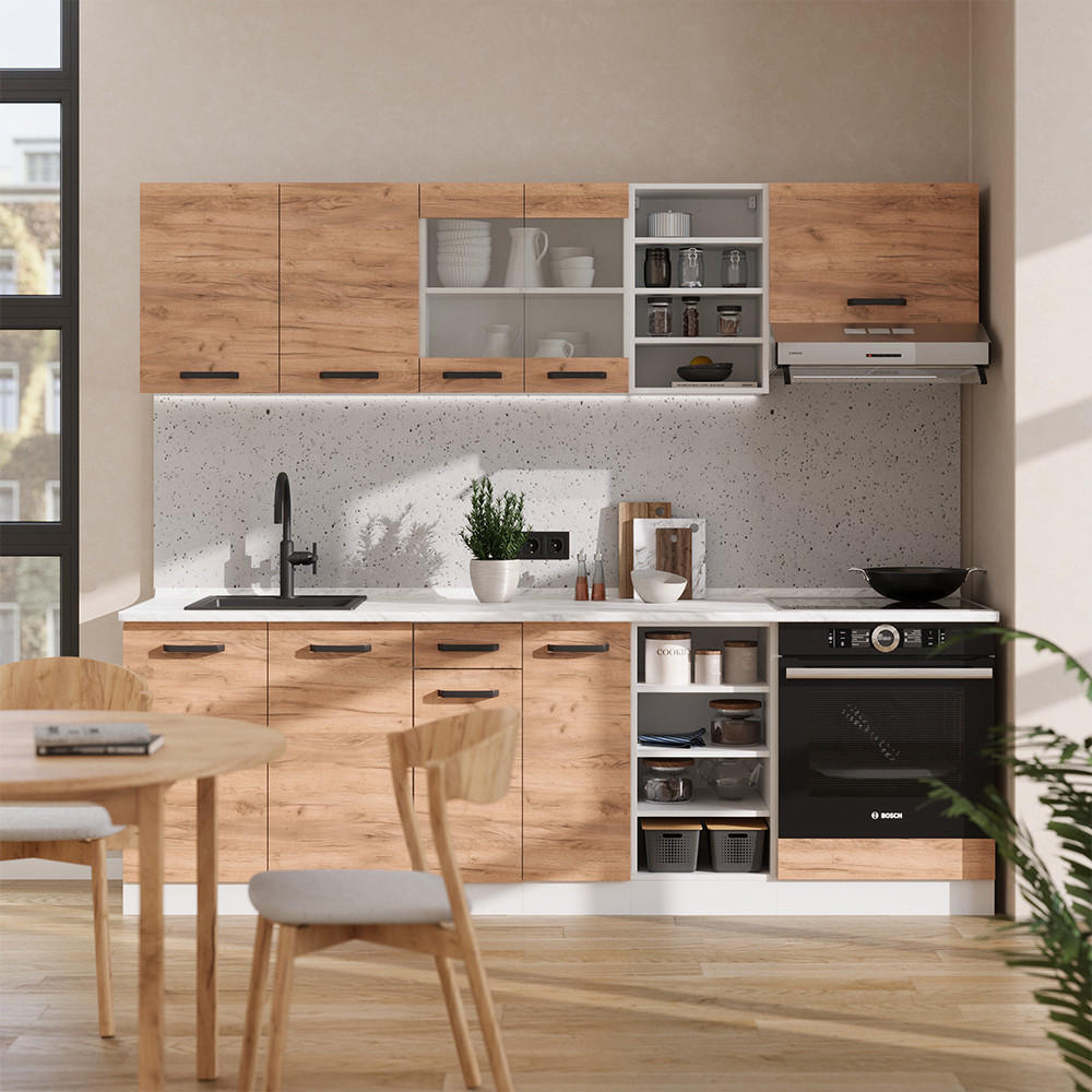 KÜCHENZEILE R-Line Goldkraft Eiche/Weiß 240 cm AP Marmor - Eiche Wotan/Weiß, Holzwerkstoff (240/81.6/60cm) - Vicco