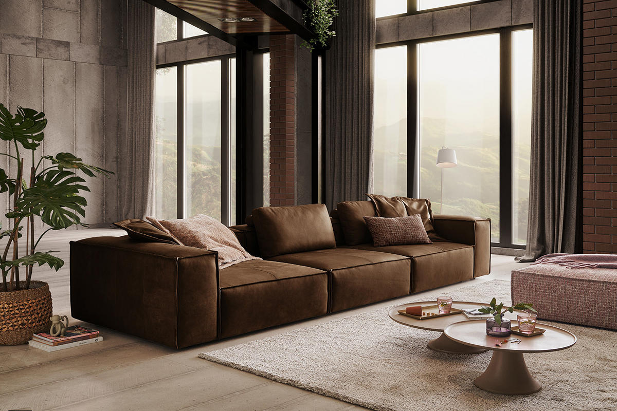 SOFA CARMO Braun Leder - Dunkelbraun/Schwarz, Leder/Kunststoff (366/68/118cm) - KAWOLA