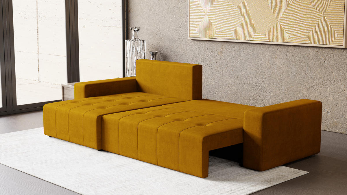 ECKSOFA Tico mit Bettkasten und Schlaffunktion, L-Form/XL-Form, Velourstoff, Universal - Currygelb, Holzwerkstoff (276/145cm) - 4ALL HOME