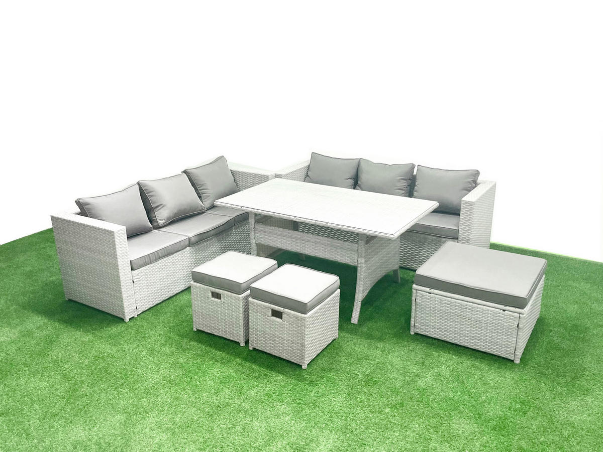 GARTENMÖBEL SET mit Esstisch,3 Hockern Polyrattan Hellgrau 9-Sitzer - Hellgrau/Grau, Glas/Kunststoff - Fimous