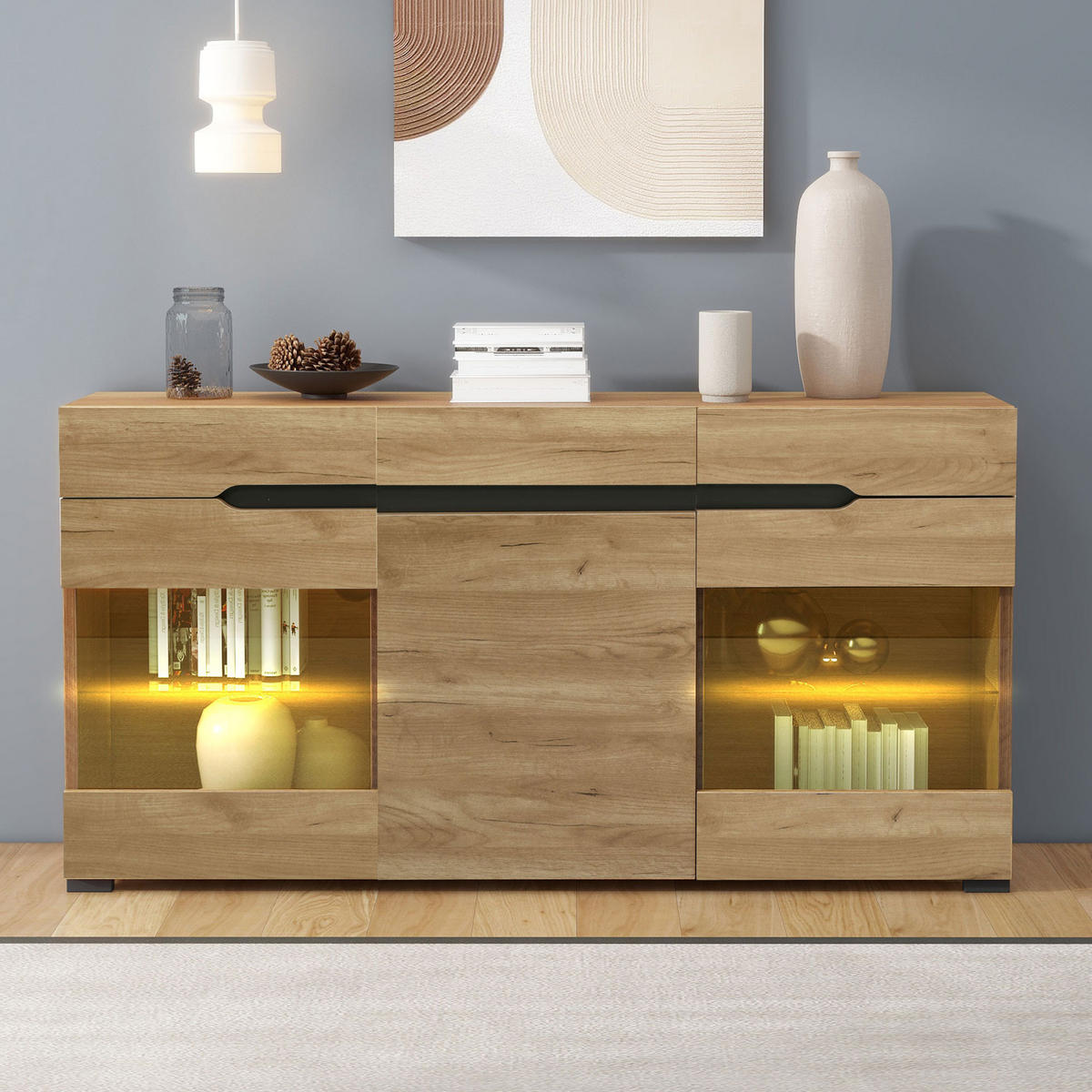 SIDEBOARD LED Modern 3 Türen 3 Schubladen Stauraum Wohnbereich - Eichefarben, Holzwerkstoff (35/80/140cm) - FLIEKS