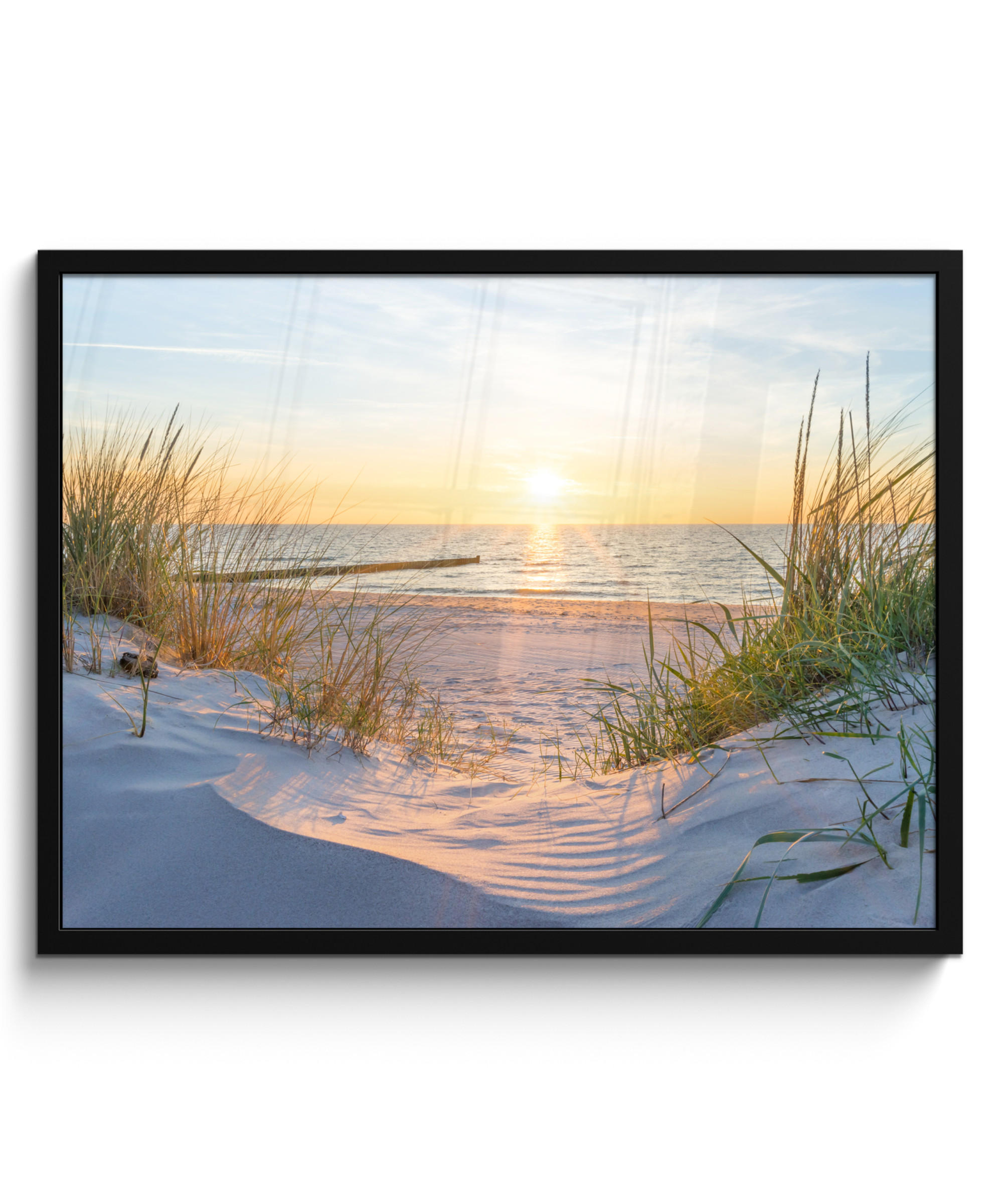 POSTER MIT RAHMEN Strand - Sonne - Düne - Gras - Sand - Horizont 80x60 cm - Hellblau, Papier (80/60cm) - MuchoWow