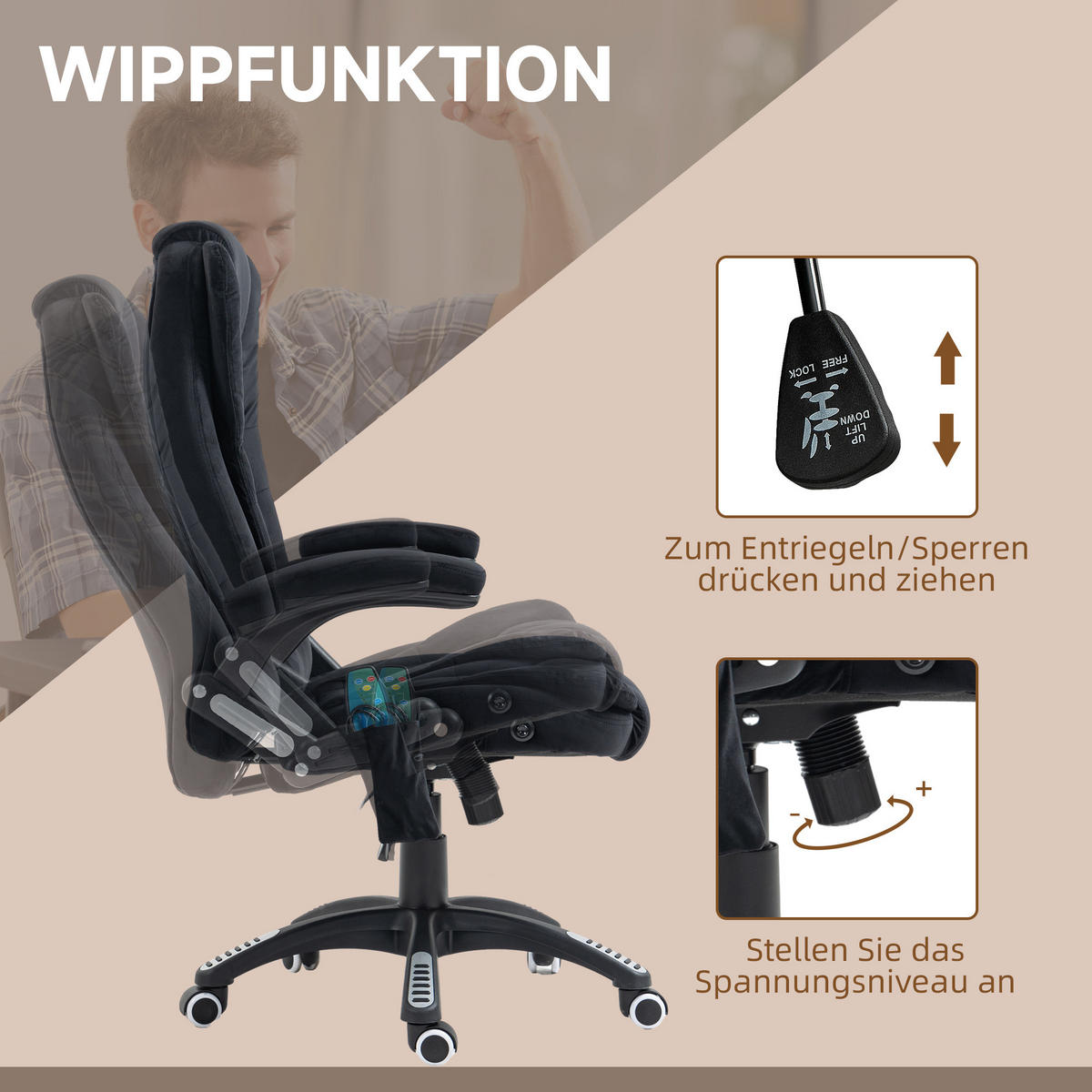 MASSAGE-BÜROSTUHL mit Wippfunktion, Schreibtischstuhl mit Heizfunktion, Schwarz - Schwarz, Kunststoff/Textil (74/116/67cm) - Vinsetto