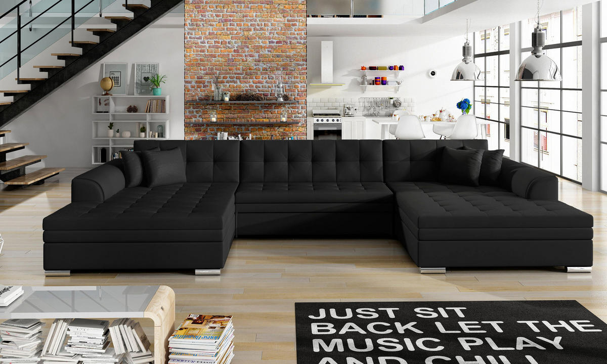 WOHNLANDSCHAFT VENTO U-Form – Großzügiges Ecksofa mit Schlaffunktion & Kissen 359 cm - Schwarz, Kunststoff (359/78/165cm) - Wohnideebilder