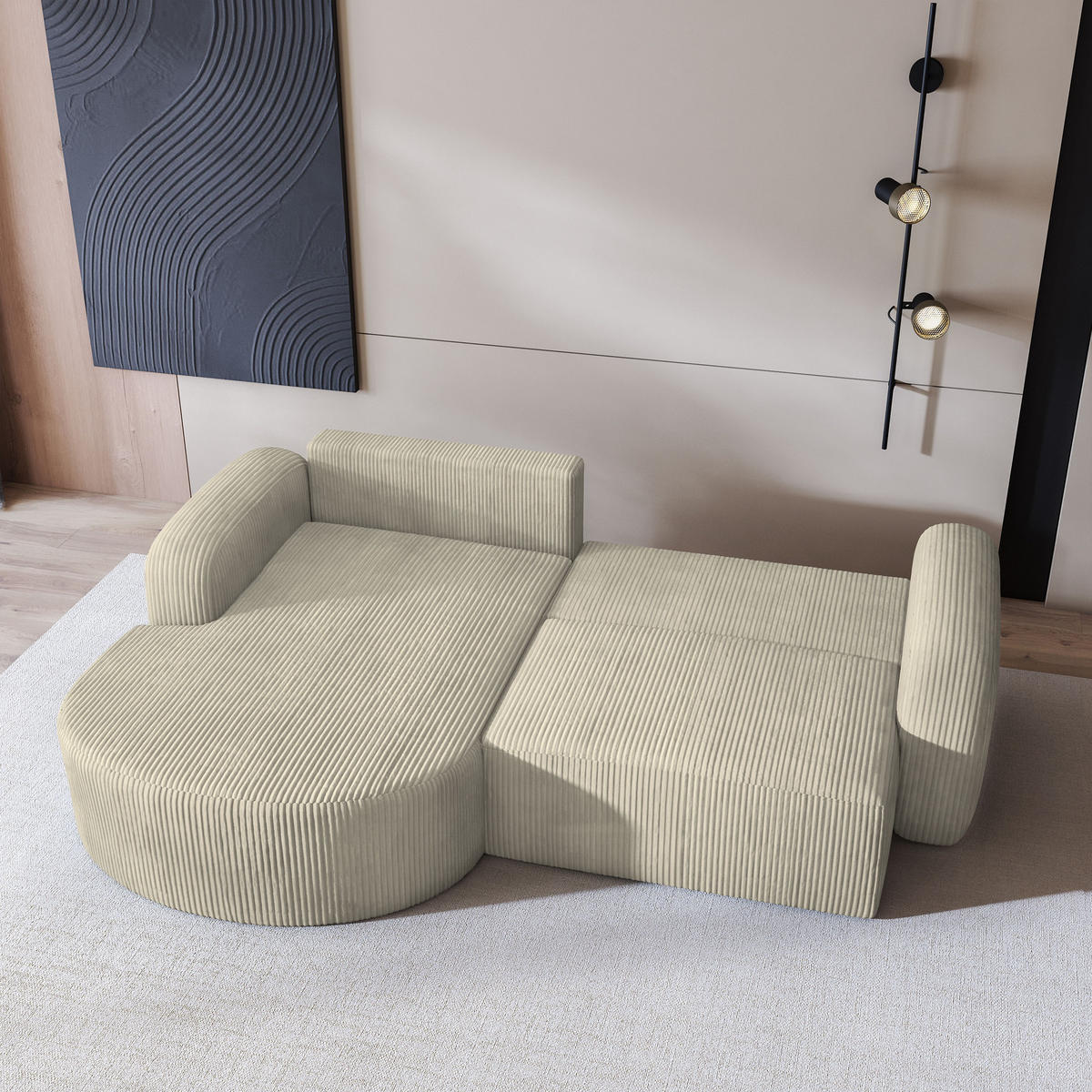 ECKSOFA AMILIA P L-S Creme Kordstoff mit Schlaffunktion - Creme, Holz (263/174cm) - MASSENO