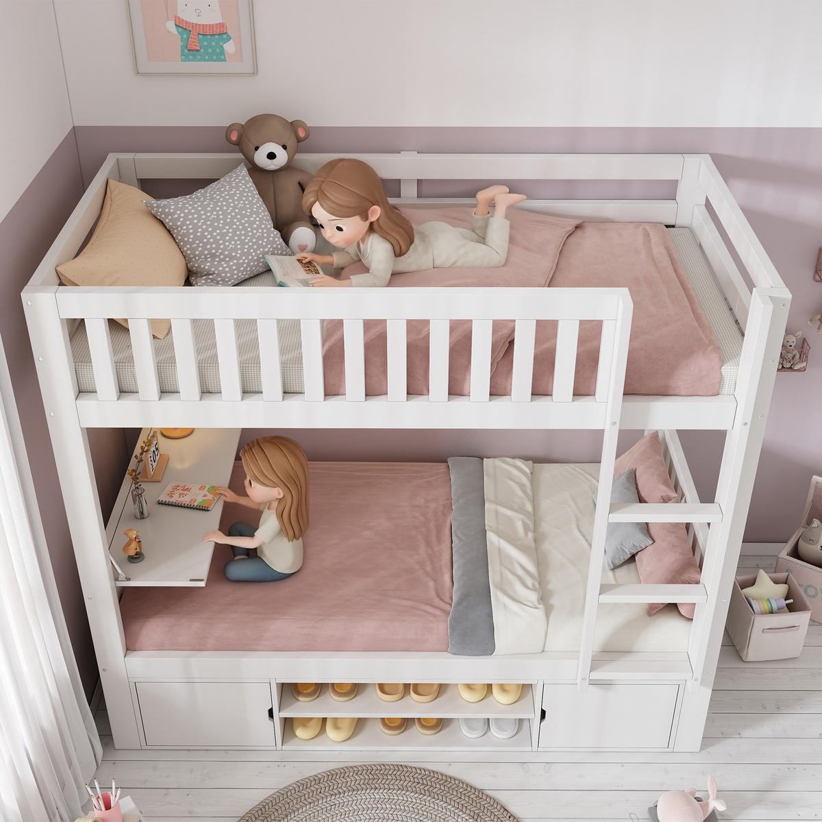 ETAGENBETT 90/200 cm & 90/200 cm in Weiß mit klappbarer Tischplatte, Schuhregal und Schränken - Weiß, Holzwerkstoff (90/200cm) - STILVORA