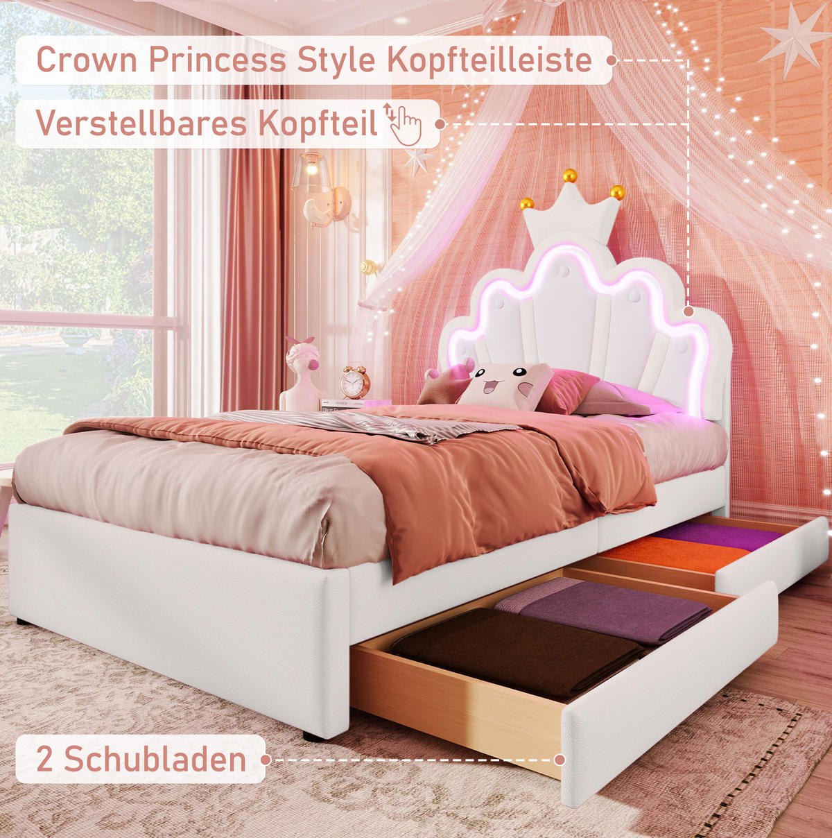 KINDERBETT 90/200 cm aus PU mit 2 Schubladen und LED-Beleuchtung in Weiß - Weiß, Leder (90/200cm) - Flora Grace
