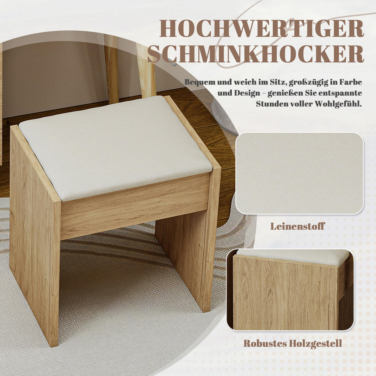SCHMINKTISCH Set mit Spiegel und Hocker, Frisiertisch ausziehbar, Kosmetiktisch skandinavisch, 84x40x120 cm - Eichefarben/Beige, Glas/Holzwerkstoff (84/120/40cm) - LVHOM
