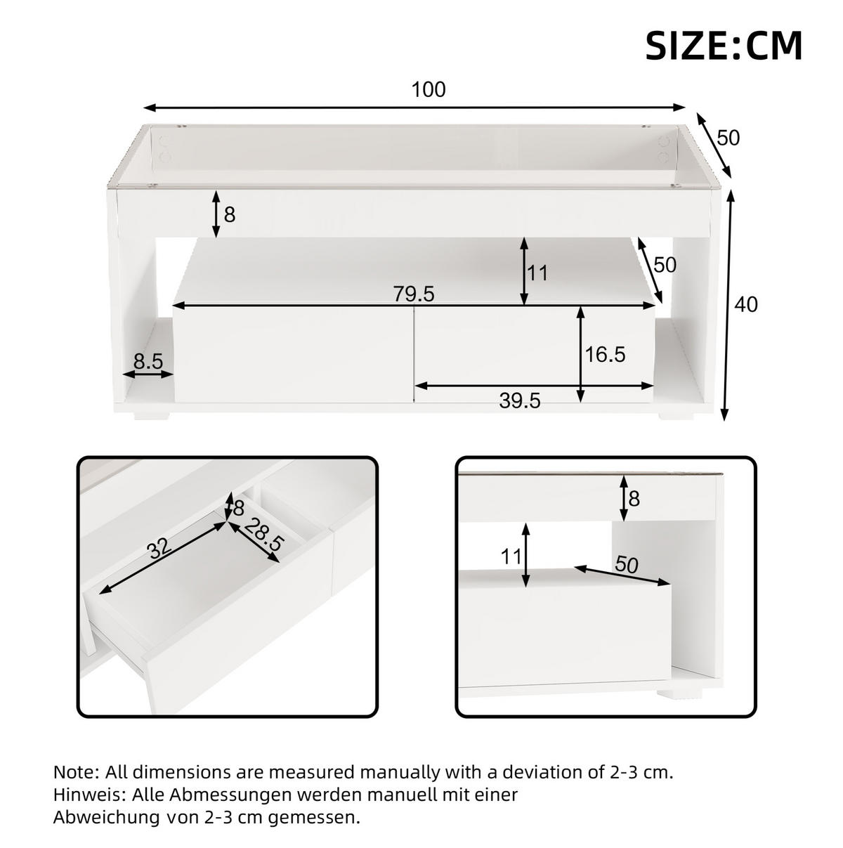 COUCHTISCH, Hochglanz Weiß mit 2 Schubladen, LED-App-gesteuert, gehärtetes Glas, 100/50/40 cm,Weiß - Weiß, Holzwerkstoff (100/50/40cm) - Redom
