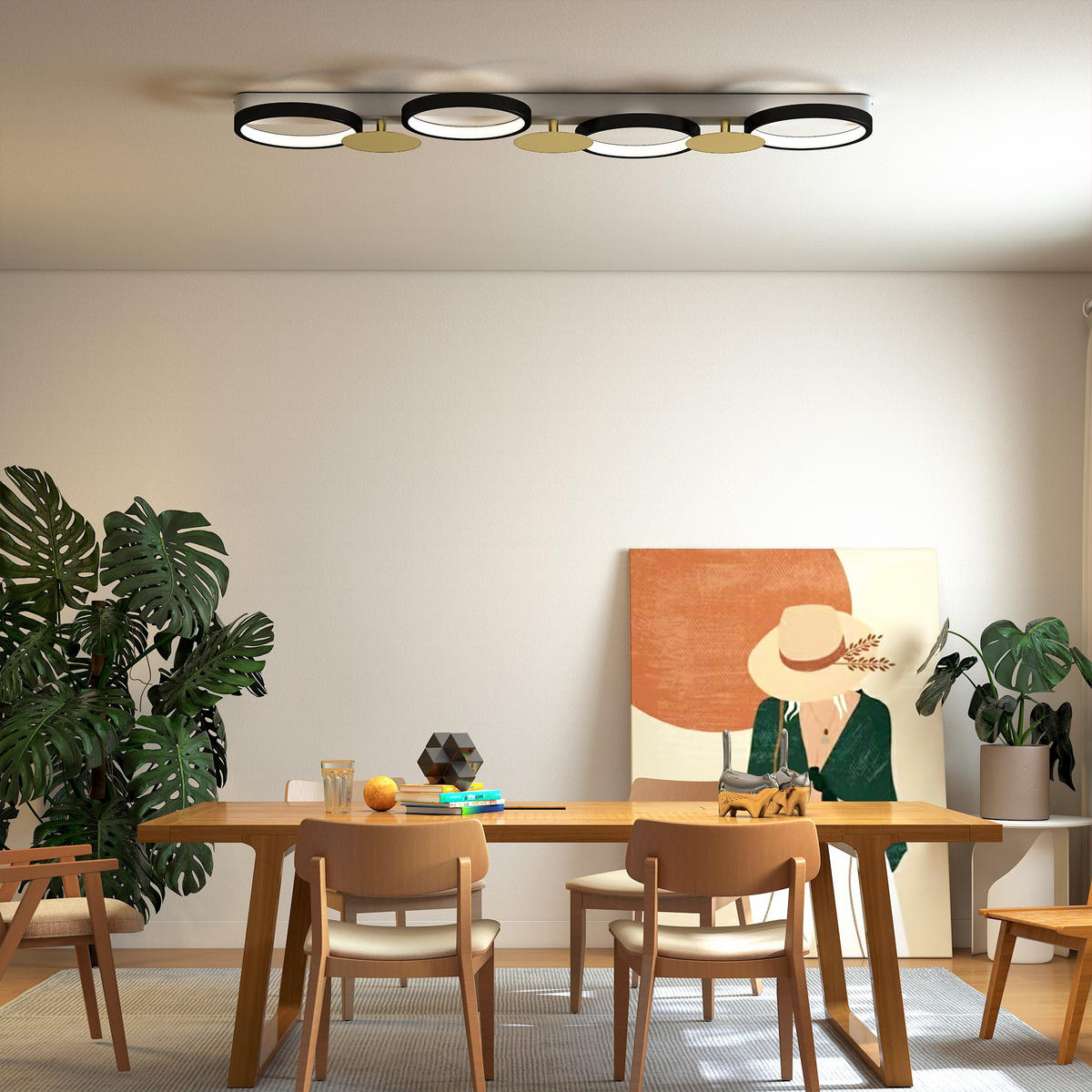 DECKENLEUCHTE LED 38W 1500LM 3000K-6500K Deckenlampe mit 4 Glühbirnen Szenenmodi - Schwarz, Metall (100/31/7cm) - HOMCOM