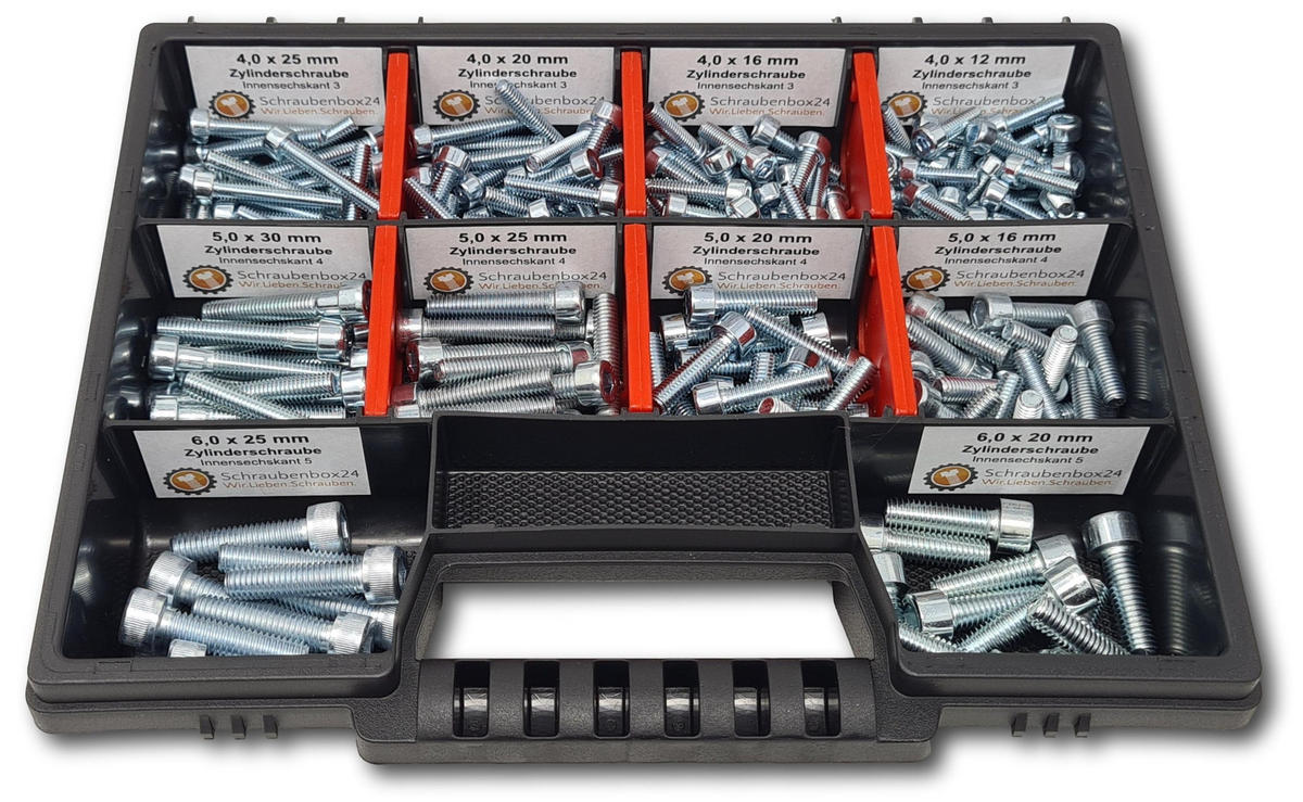 ZYLINDERSCHRAUBEN Sortiment M4-M5-M6 // 12mm-30mm 210 tlg. Schraubenbox DIN 912 / ISO 4762 - Zinkfarben, Metall (3.5cm) - Schraubenbox24