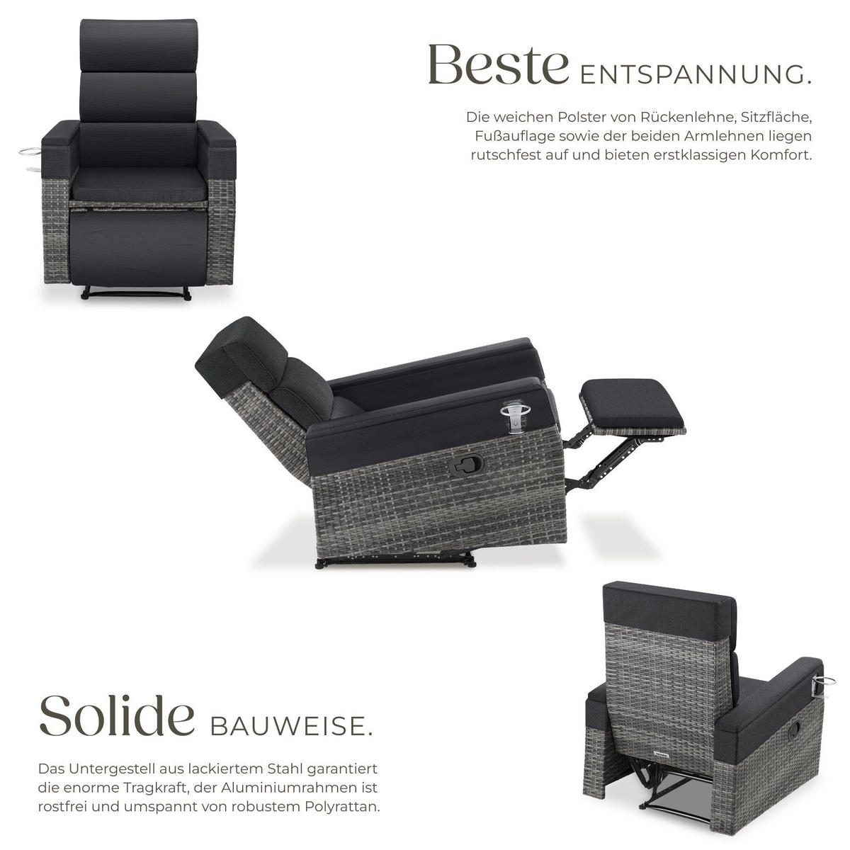 RATTANSESSEL aus Aluminium Pacentro, Belastbarkeit 150 kg, 80 x 80 - 157 x 80 - 97 cm, grau - Grau, Kunststoff (157/97/80cm) - tectake
